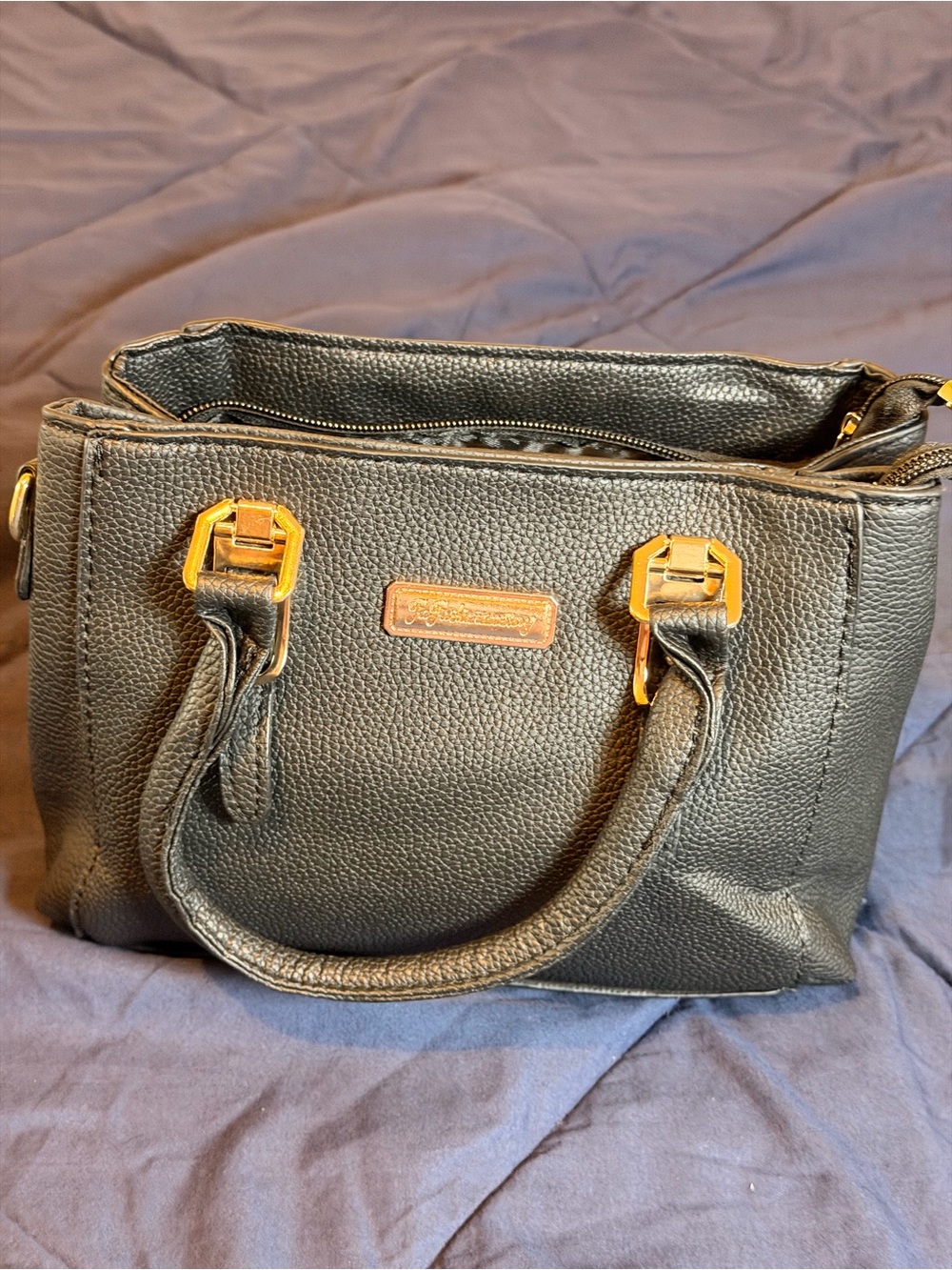 Black Leather Satchel Handbag with Gold Hardware